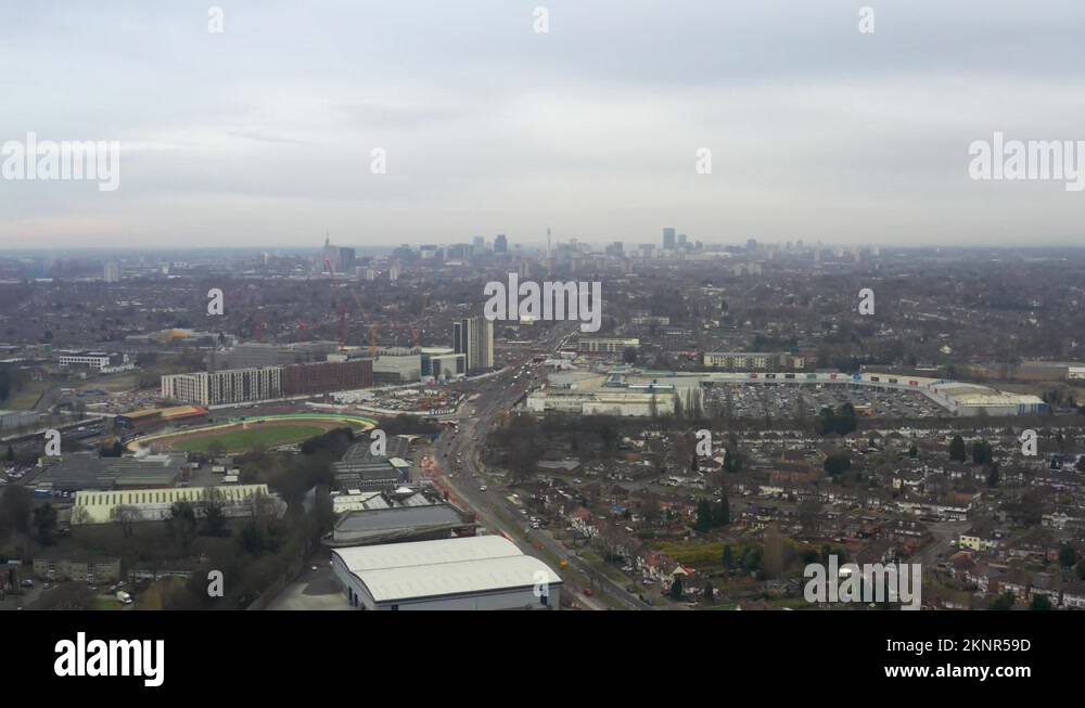 Cloudy aerial view of Birmingham city centre and Perry Barr Park Stock