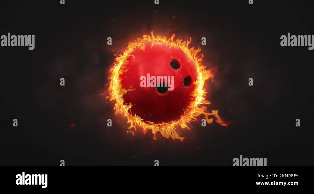 Rotating red bowling ball in burning fire flames on dark background