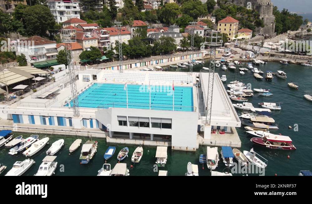 Waterpolo Pool in Harbour of Herceg Novi, Montenegro, Drone Aerial View