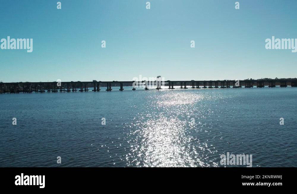 Drone shot of highway 70 bridge over the trent river near New Bern, NC