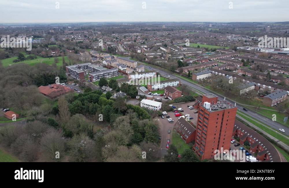 Harlow Essex UK Aerial View Of Streets And Red Tower Block Footage Harlow Essex UK Aerial View Of Streets And Red Tower Block Footage