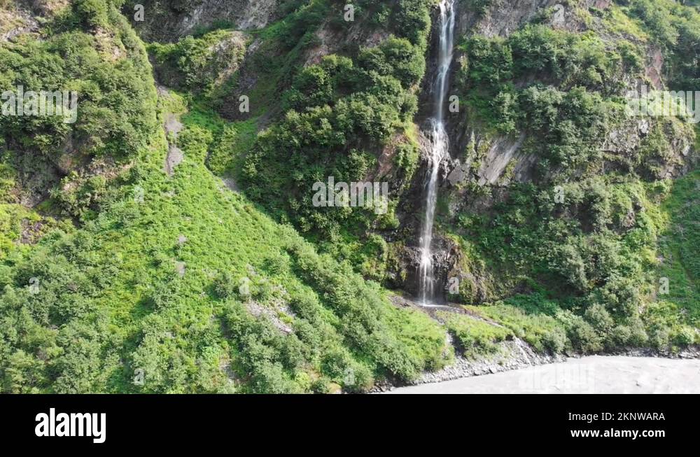 4K Drone Video of Bridal Veil Falls near Valdez, AK during Sunny Summer