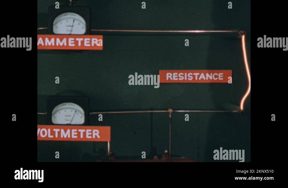 1950s Needles move on ammeter and voltmeter as filament glows. Liquid