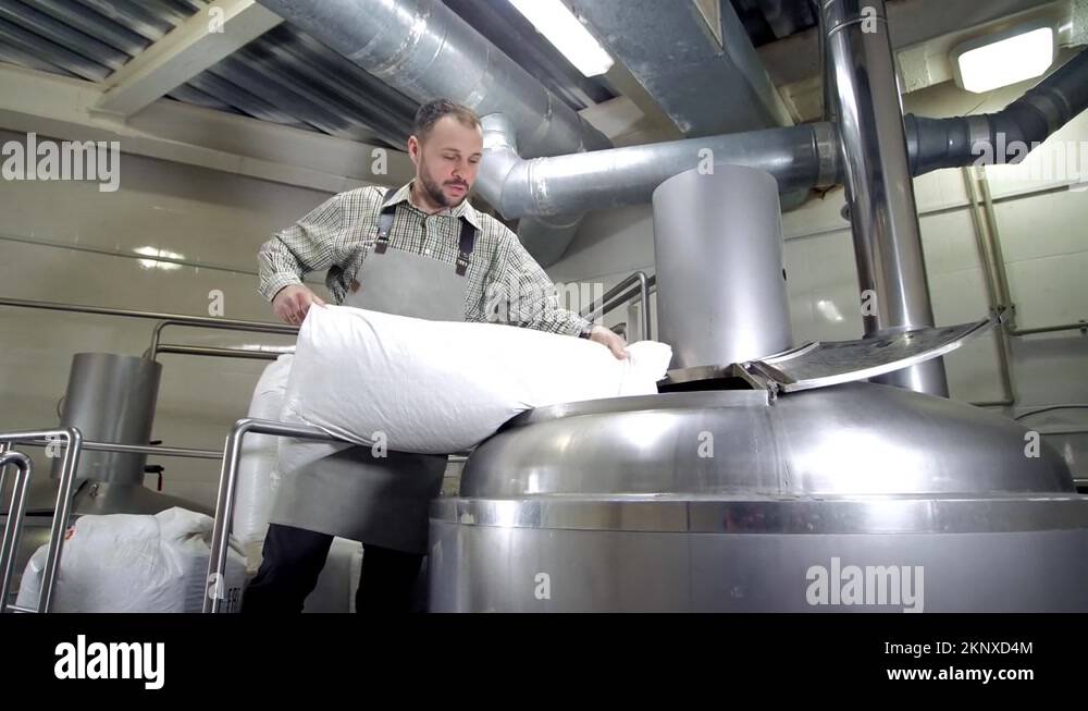 Beer ProductionPouring Malt Grains Into A Large Grinding Tank At The