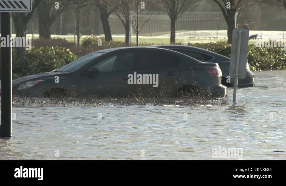 Parking lot and walkways flooded at Ambleside Park from King tides