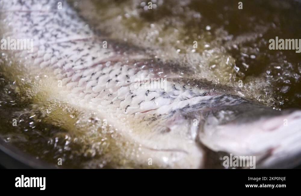 Close Up of Deep Fried Whole Fish in Hot Oil, Deep Frying Whole Fish in