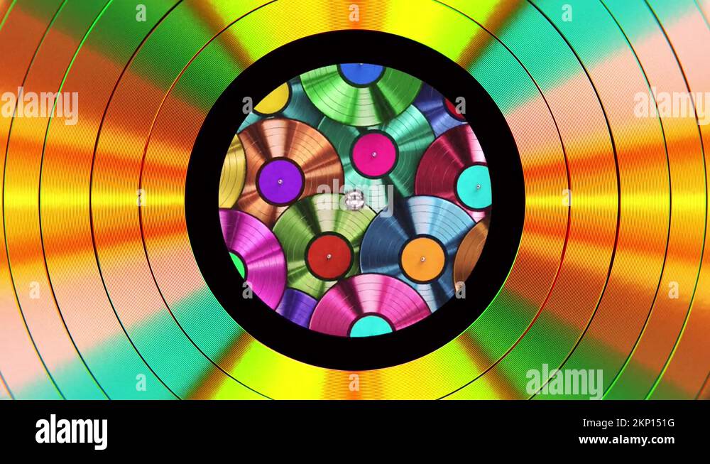 Spinning gold record with colorful vinyl records label looping 3D