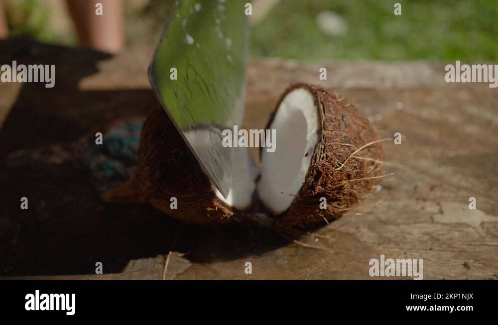 Fresh coconut cut in half with cleaver, water pours out. Top down, slow