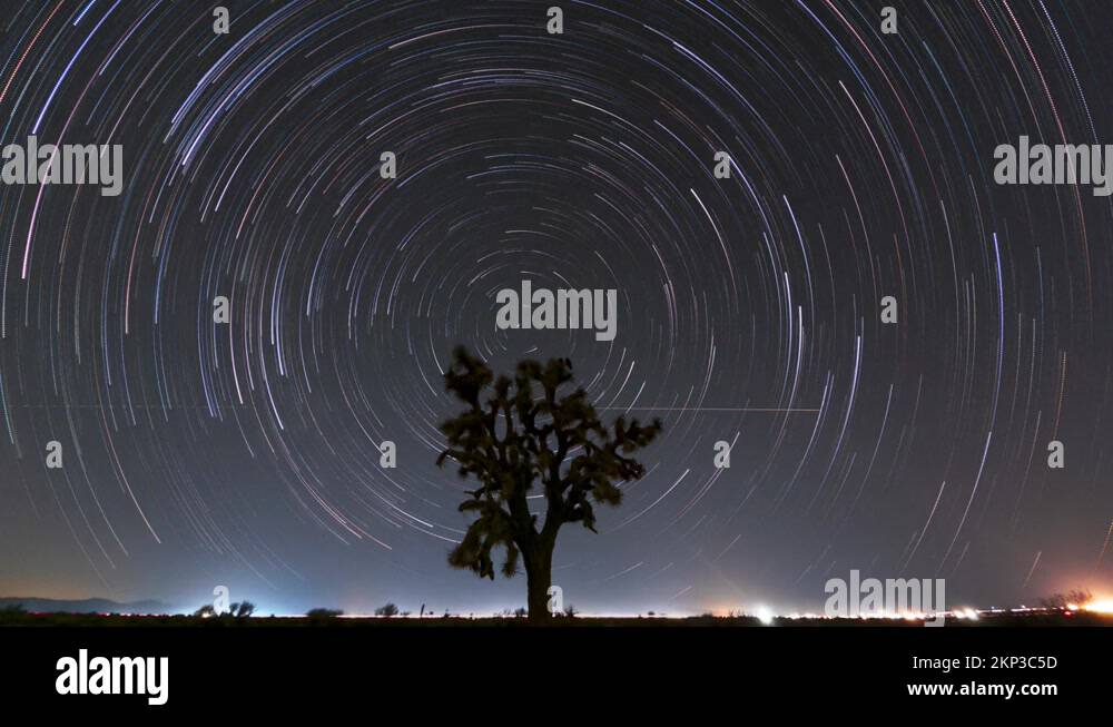 Stars make circular light trails in the Mojave Desert's nighttime sky