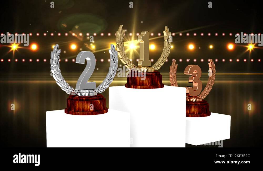 Animation of first, second and third place award trophies at floodlit ...