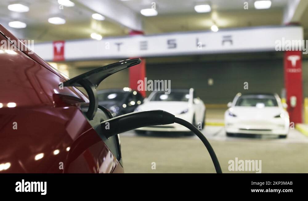 Tesla charging in Los Angeles, USA EV charging station for electric