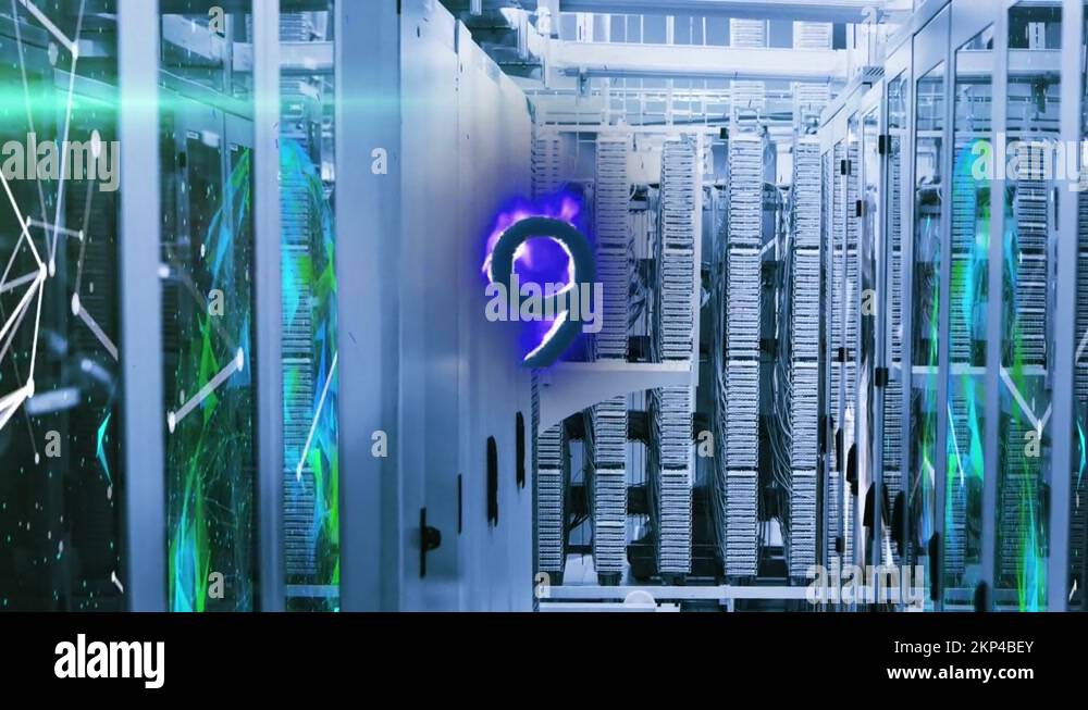 Animation of shapes and 9 number over server room Stock Video Footage ...