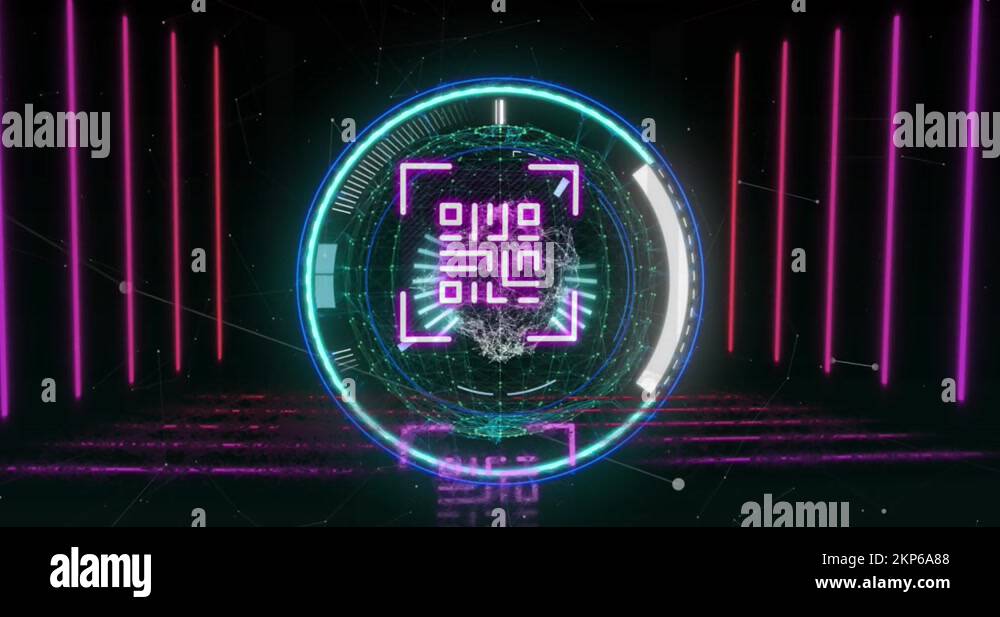 Animation of neon qr code with lines over scope scanning on black