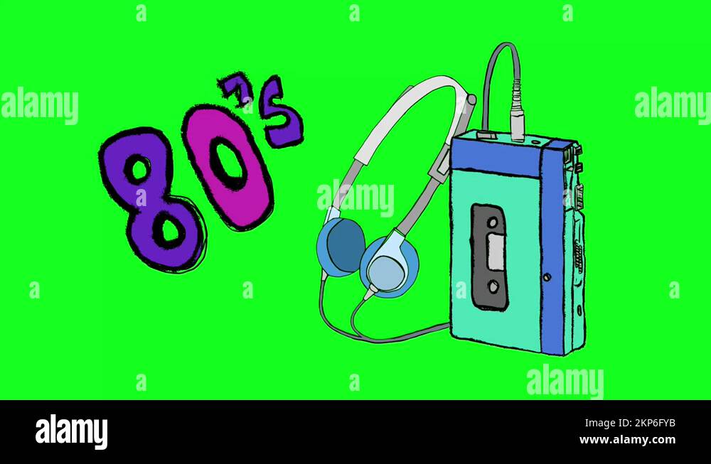 80s Portable Music Cassette Tape Player Animation Doodle Green Screen