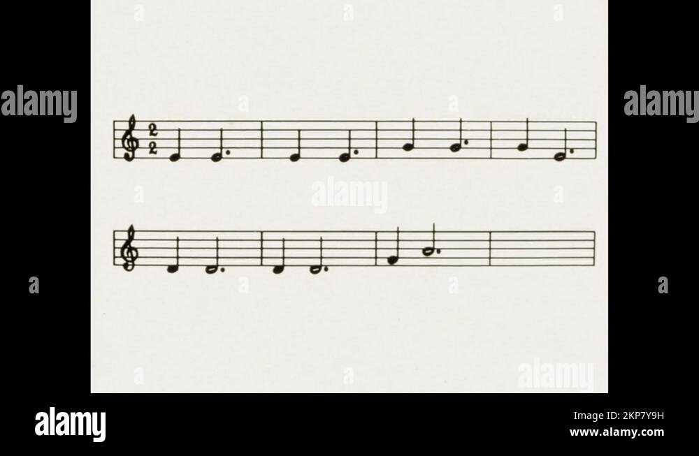 1960s Sheet music. Notes on bars. Animation of musical notes appearing