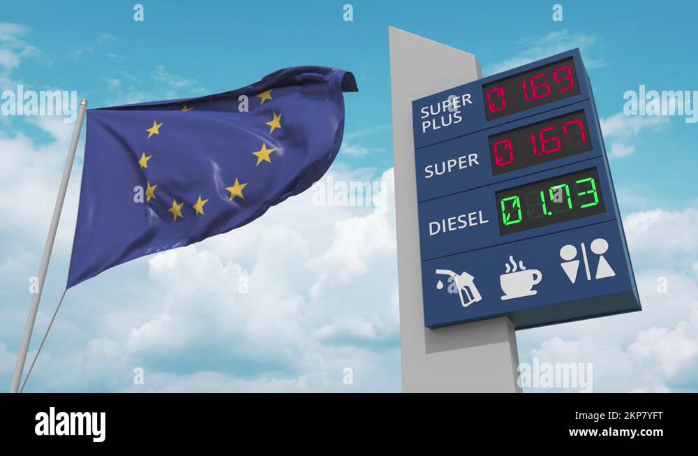 Flag of the European Union EU and gas station sign board with rising