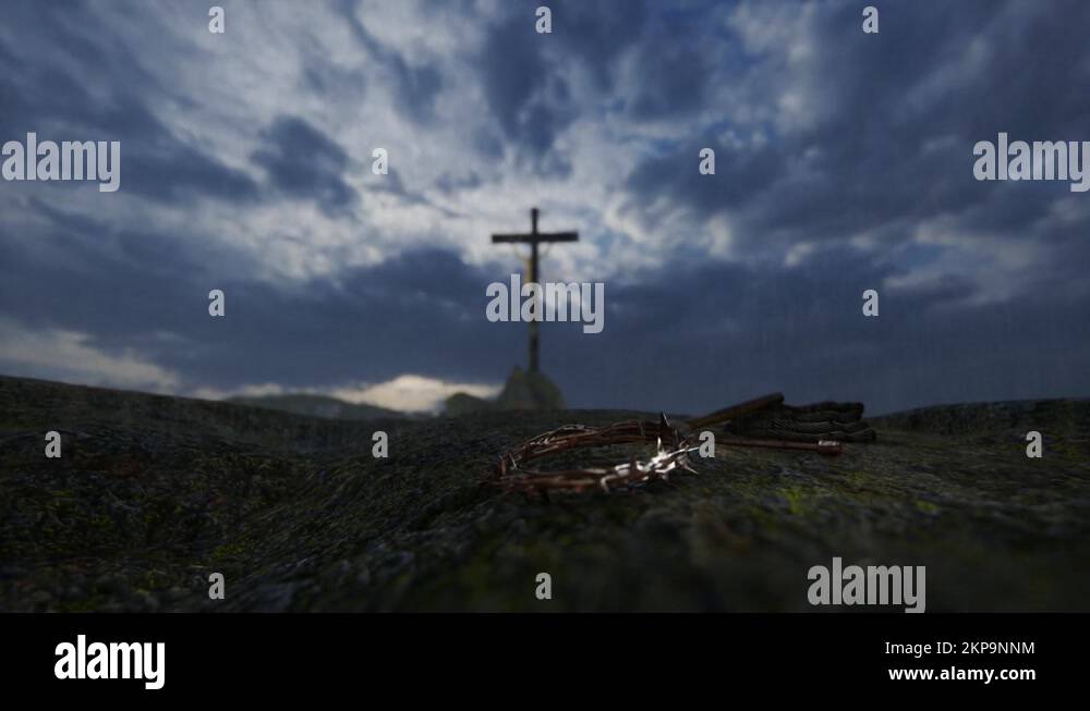 Crucifixion of Jesus Christ with thorn crown, nails, hammer and a rope ...