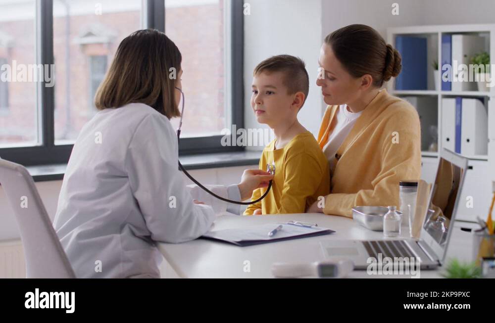 mother, son and doctor with stethoscope at clinic Stock Video Footage ...