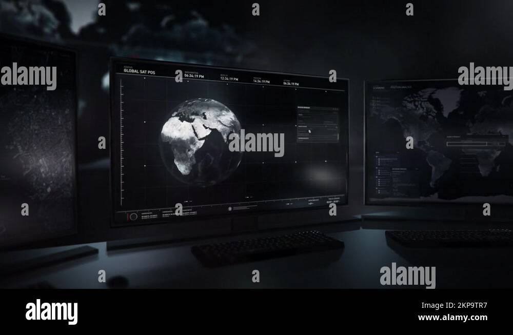 Tracking Computer Interface Connects To Satellite To Analyze Air Base Runway Stock Video Footage