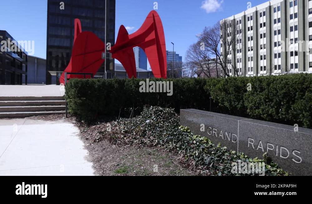 Grand Rapids, Michigan city hall sign to tilt of city hall building