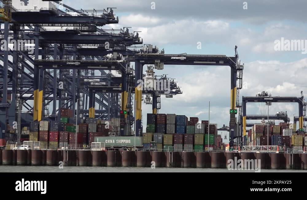 Shipping container are stacked up and sorted in the Port of Felixstowe ...