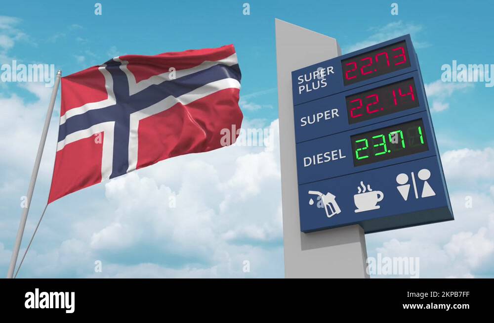 Gas station sign board with rising fuel prices and national flag of