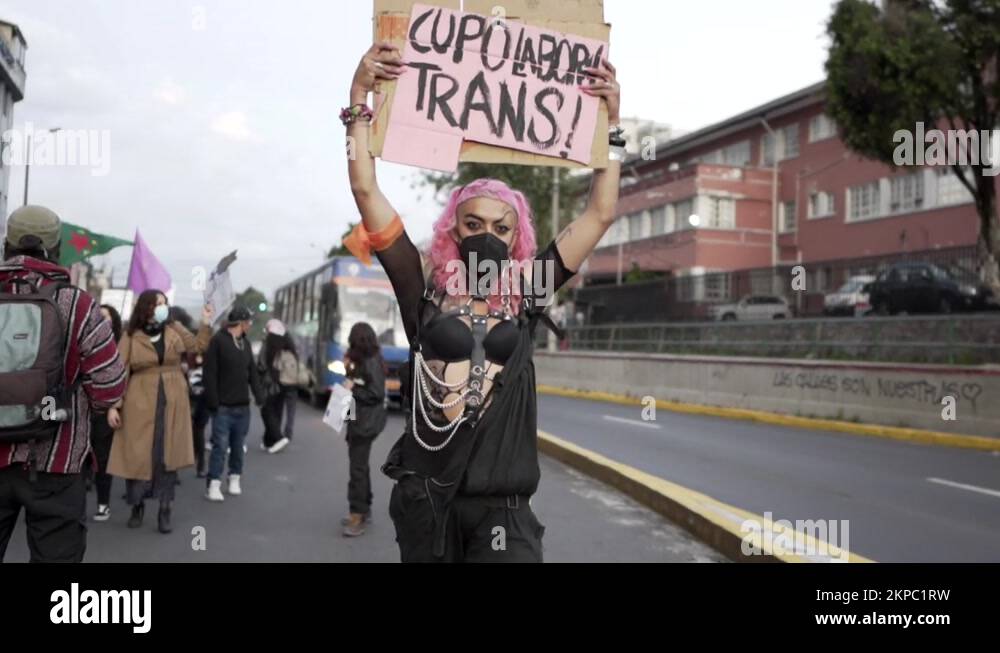A trans woman with pink hair and a mask displays and holds up a sign in ...