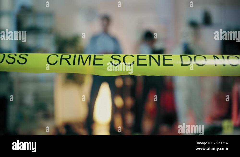 Crime scene tape securing perimeter, detectives conducting murder