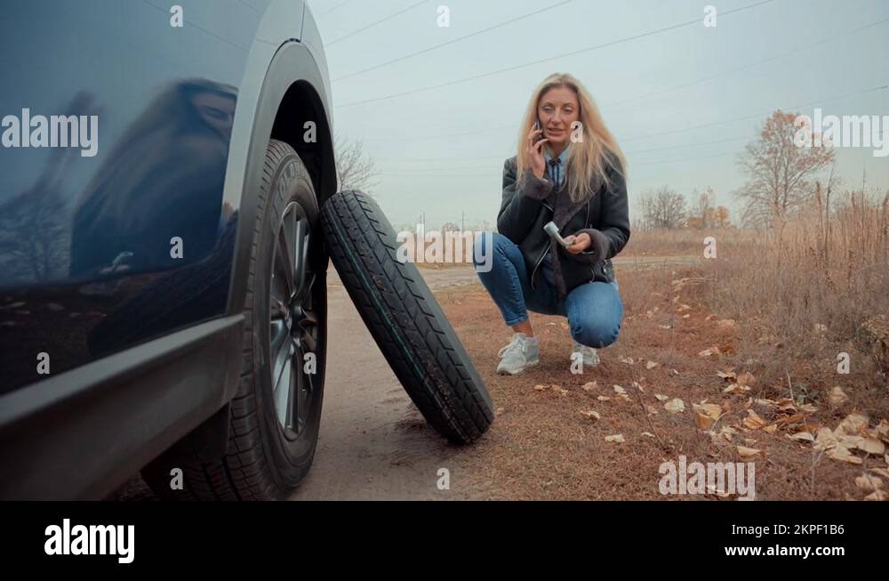 Broken Vehicle Damage Troubles. Car Deflated Tire Damage Trouble Stock