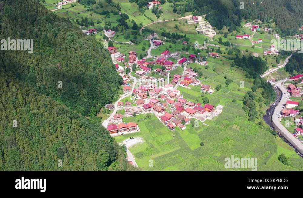 aerial top down view of a small village in Uzungol Trabzon with homes