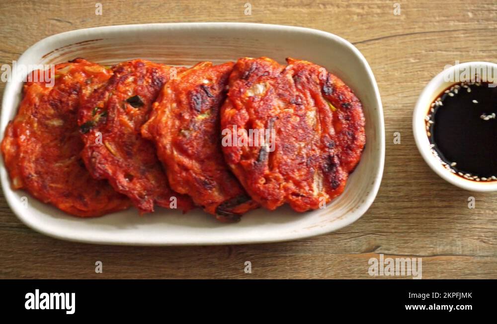 Korean Kimchi pancake or Kimchijeon Fried Mixed Egg, Kimchi, and