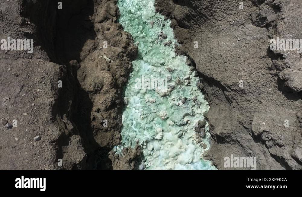 Dead Sea Hot Springs aerial top down shot zoom out over desert canyon ...