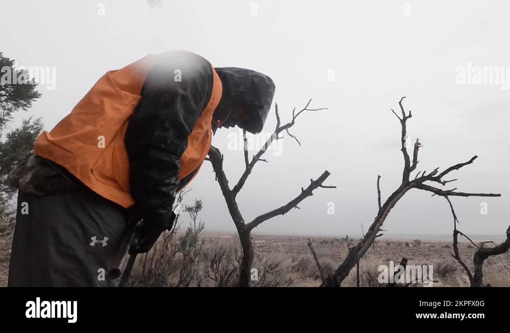 Male hunter in field dressing kneeling down to aim with a rifle