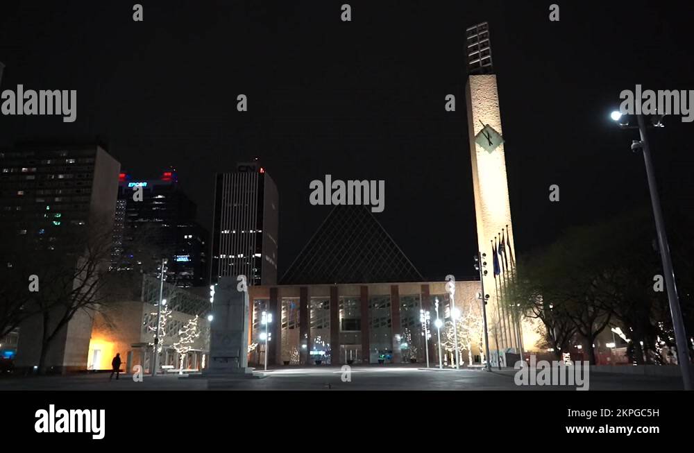 Night Video of Edmonton City Hall with the Clock Tower and CN Tower