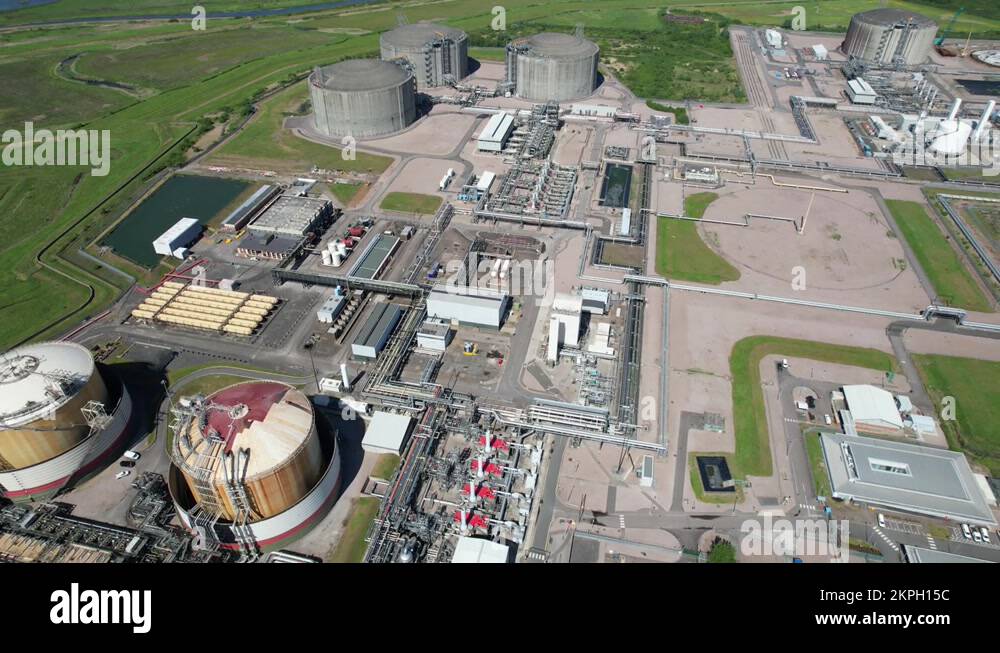 National grid Grain LNG Terminal gas storage Kent UK drone aerial view