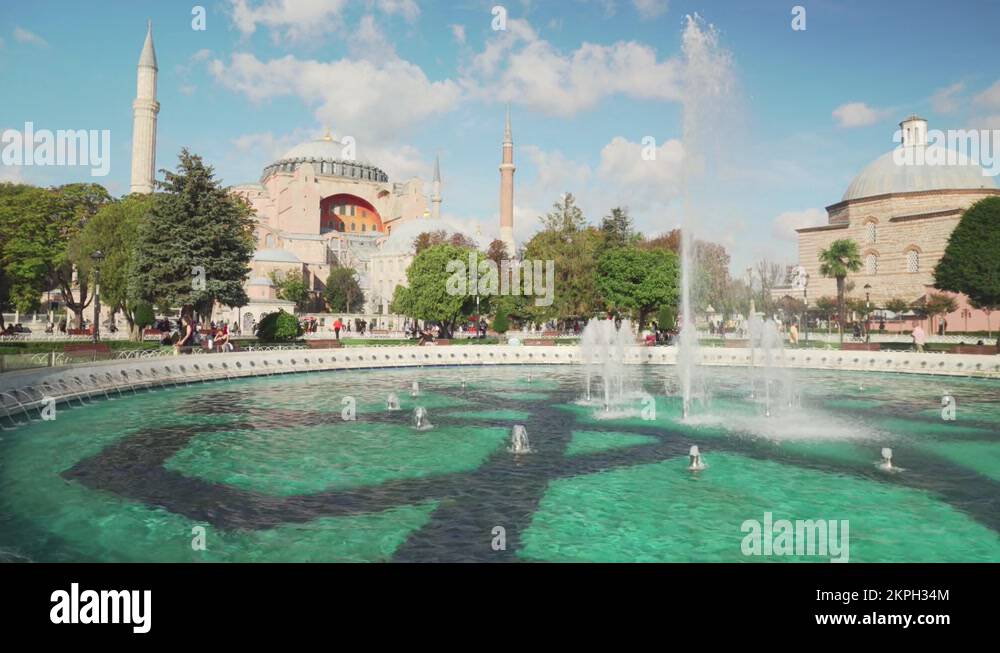 Scenic fountain at the Sultanahmet Square and the Hagia Sophia Stock ...