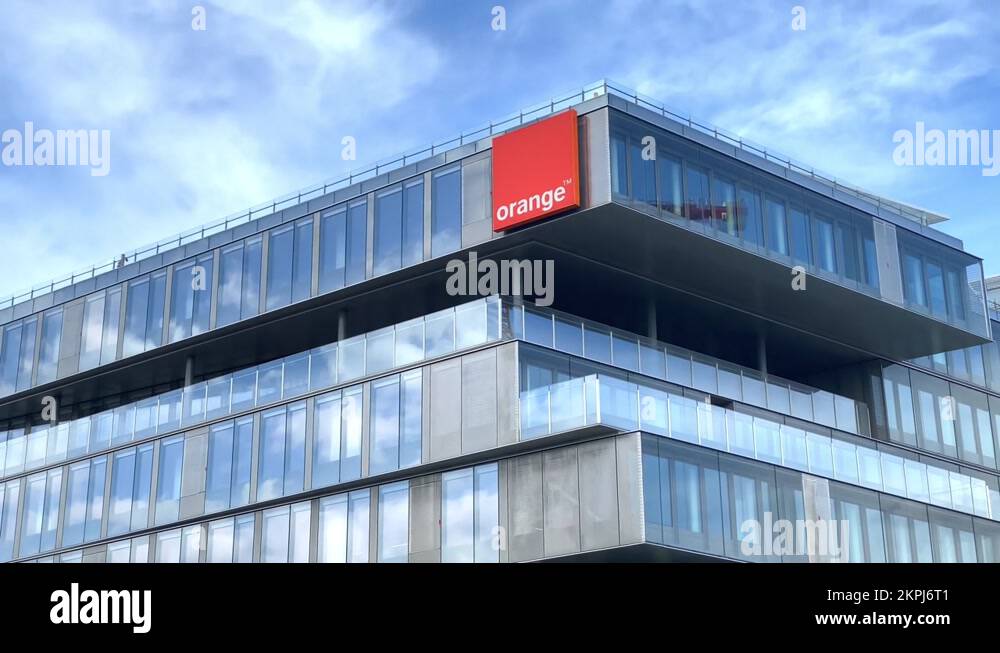 Giant Orange logo on the Orange S.A headquarters building in Issy les