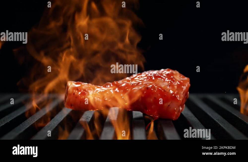 Marinated Chicken Thigh Falling onto Grill Grate BBQ on Black Background Stock Video Footage