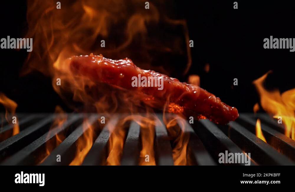 Marinated Ribs Falling onto Grill Grate in Slow Motion BBQ on Black Background Stock Video