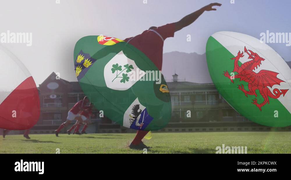 Animation of diverse male rugby players with rugby balls with national