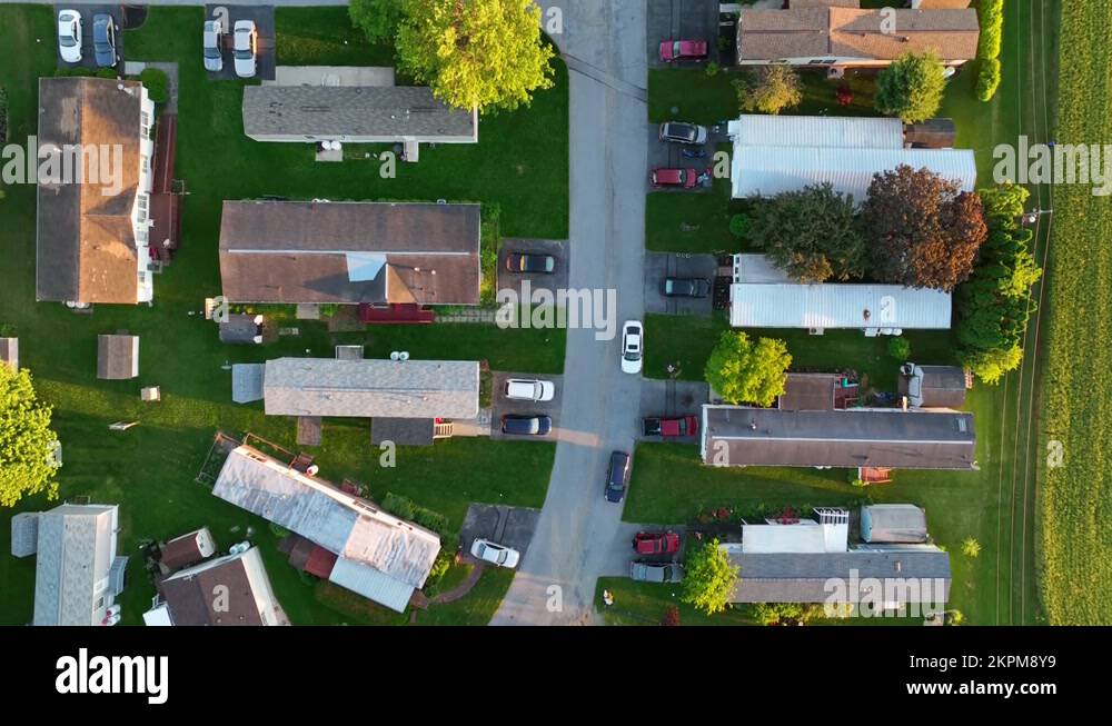 Top down aerial view of mobile home park in America. Affordable housing in Stock Video Footage