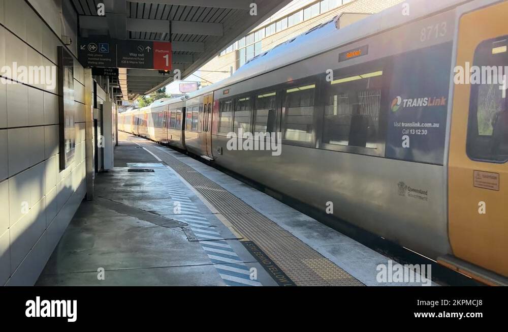 Brisbane translink railway train arriving at Bowen Hills station, point of Stock Video Footage