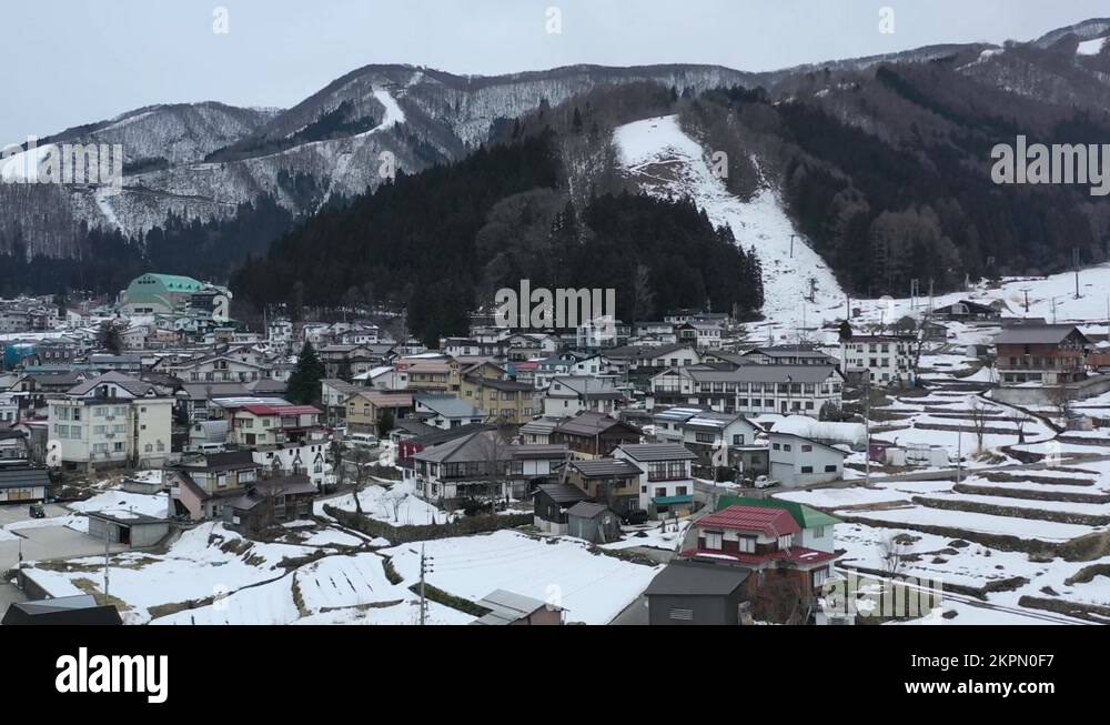 Japanese apartment buildings in nozawa onsen ski town in nagano japan