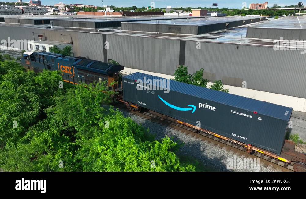 CSX, Amazon Prime branding on train cars. Aerial view as
