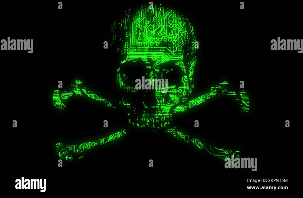 Alarming animated cyber hacking skull and cross bones symbol with ...