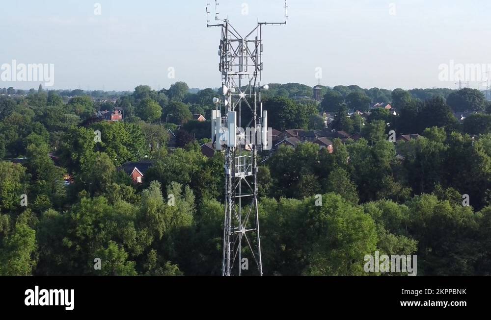 5G broadcasting tower antenna in British countryside aerial orbit right
