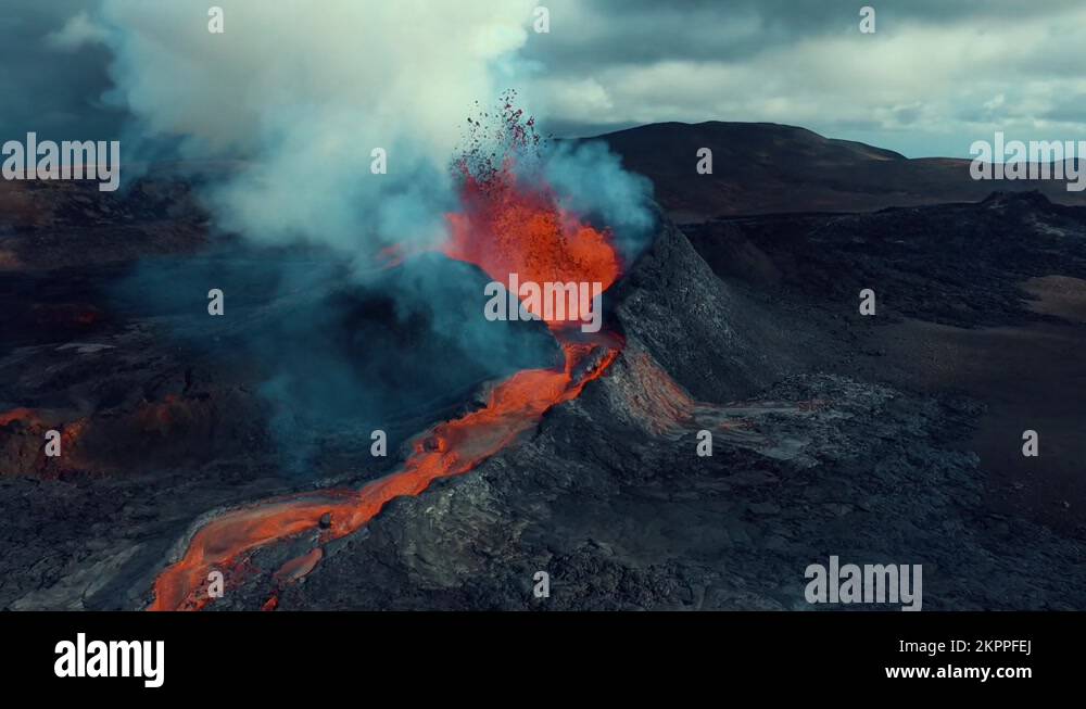 Iceland Volcanic eruption . Hot lava and magma coming out of the crater. 2 Stock Video Footage