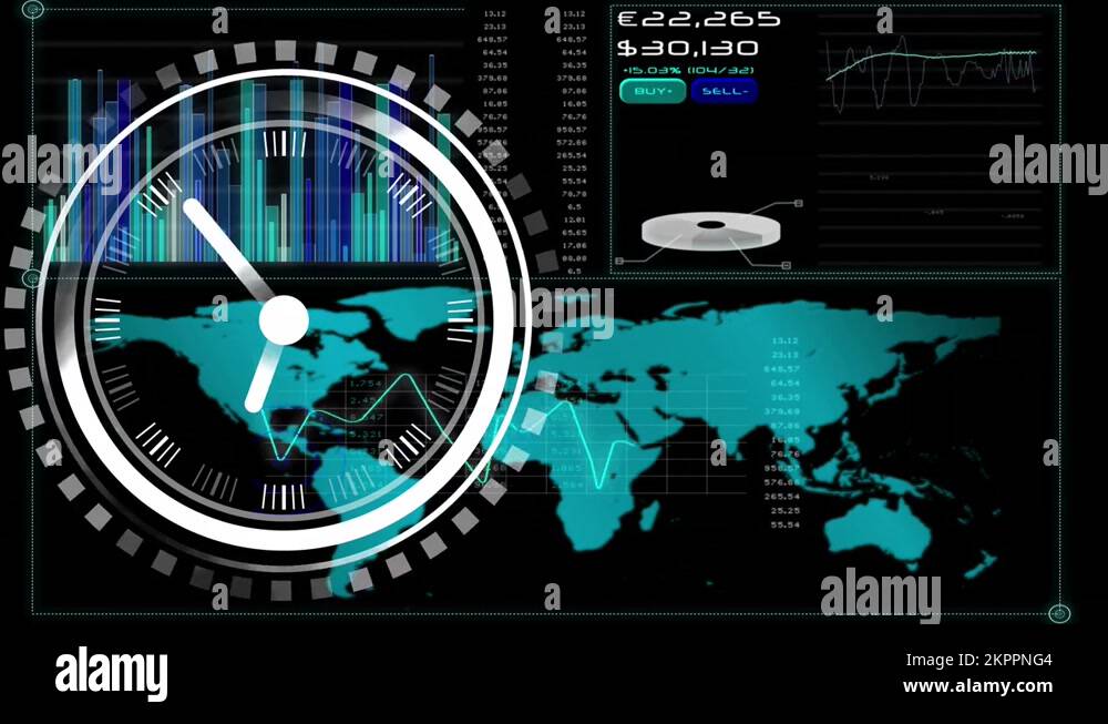 Ticking digital clock over interface with data processing against black