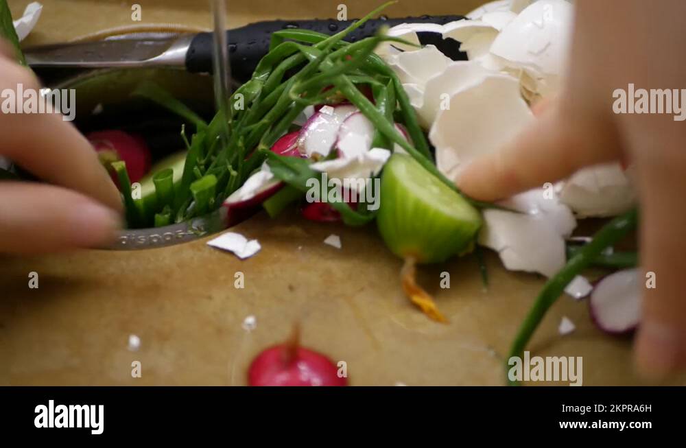Organic garbage in sink, food waste disposer. Peels, remains, disposal grinder Stock Video
