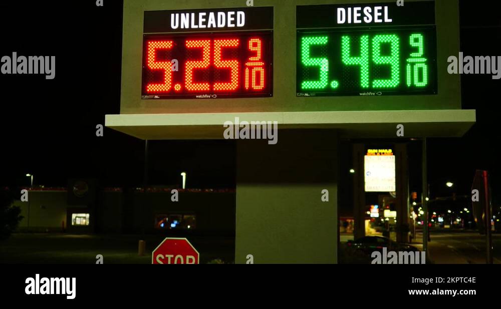 Gas station prices LED light up sign for regular and diesel fuel at